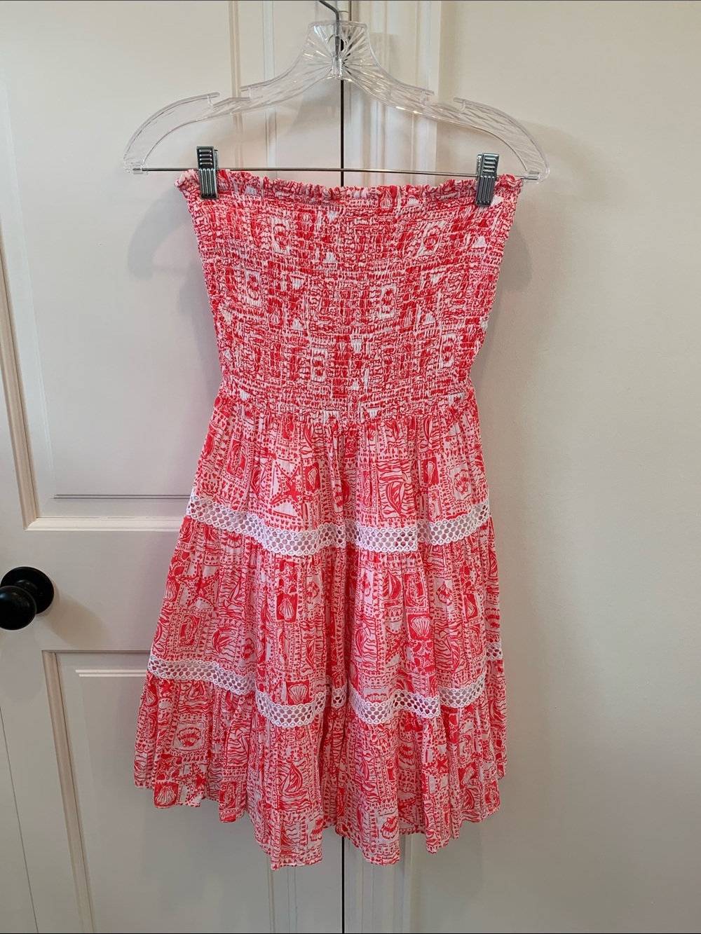 Lilly Pulitzer Smocked Strapless Tiered Dress with Lace Trim Size XS